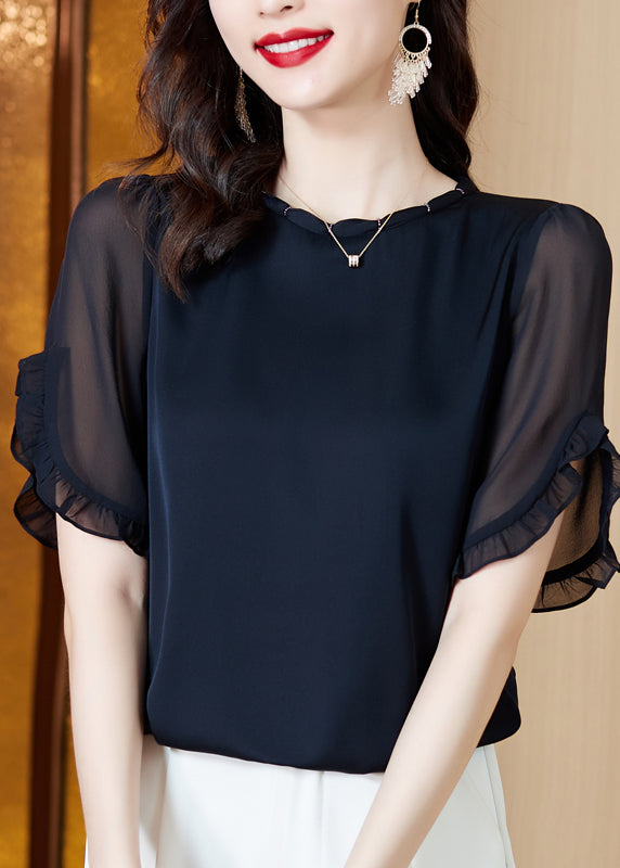 Boutique Navy O-Neck Ruffled Chiffon Shirt Summer LY0453