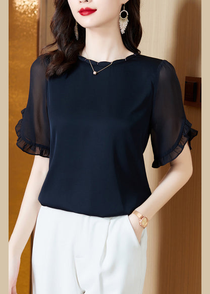 Boutique Navy O-Neck Ruffled Chiffon Shirt Summer LY0453