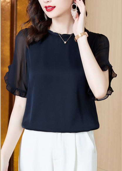 Boutique Navy O-Neck Ruffled Chiffon Shirt Summer LY0453