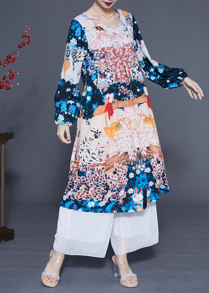 Boutique Navy Print Oversized Silk Holiday Dress Summer LY1107