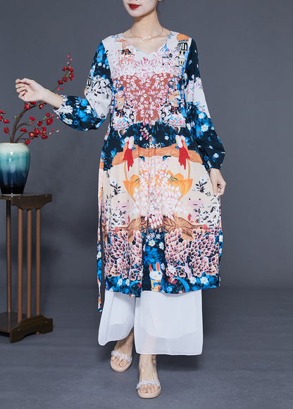 Boutique Navy Print Oversized Silk Holiday Dress Summer LY1107