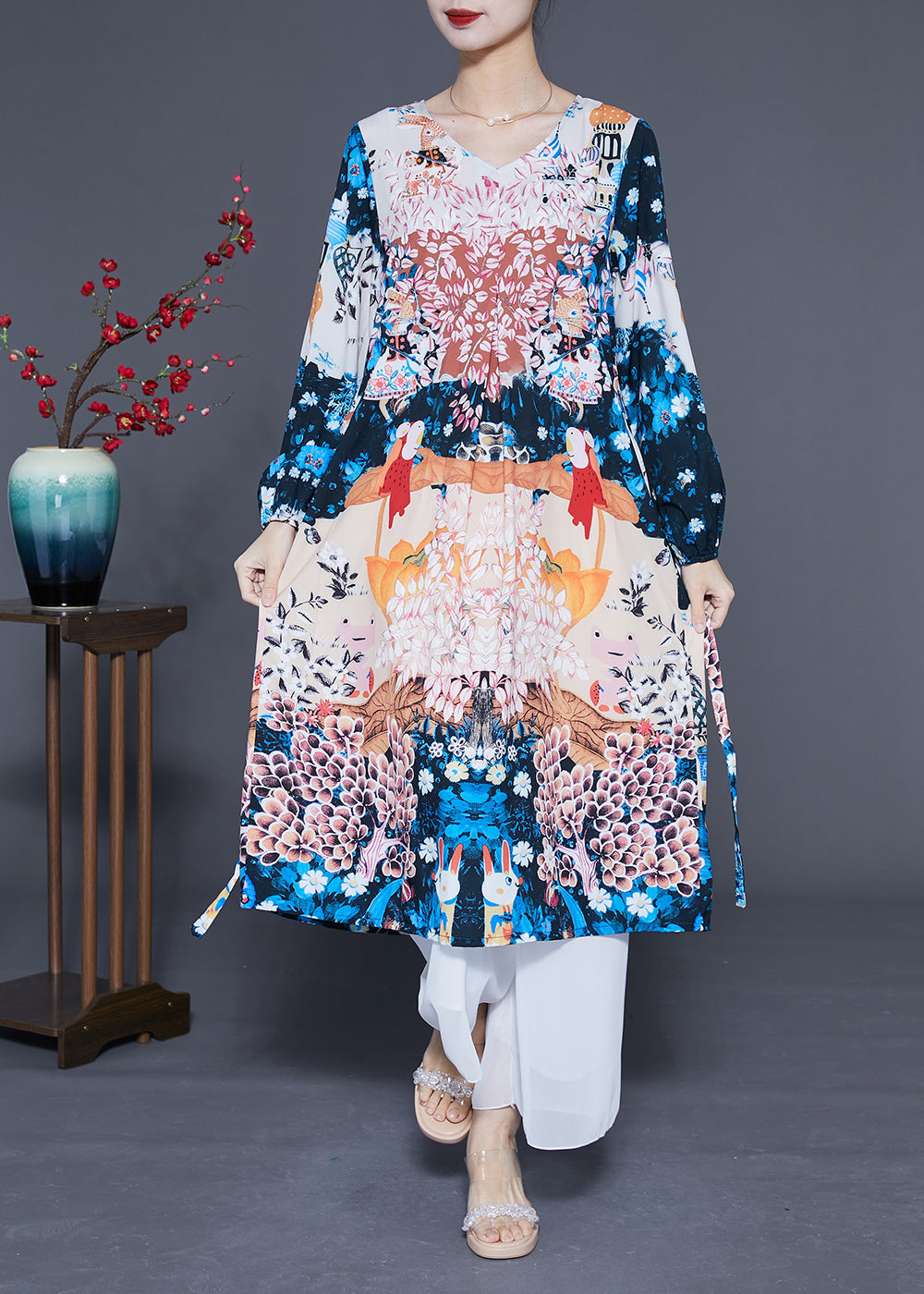 Boutique Navy Print Oversized Silk Holiday Dress Summer LY1107