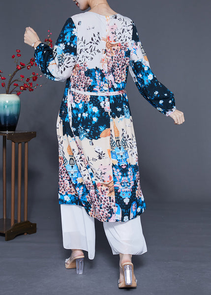 Boutique Navy Print Oversized Silk Holiday Dress Summer LC0377