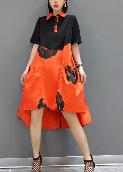 Boutique Orange Peter Pan Collar Patchwork Print Cotton Robe Dresses Short Sleeve LY0553
