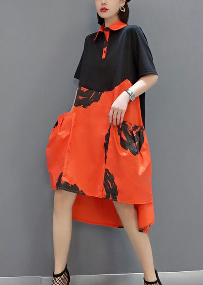 Boutique Orange Peter Pan Collar Patchwork Print Cotton Robe Dresses Short Sleeve LY0553