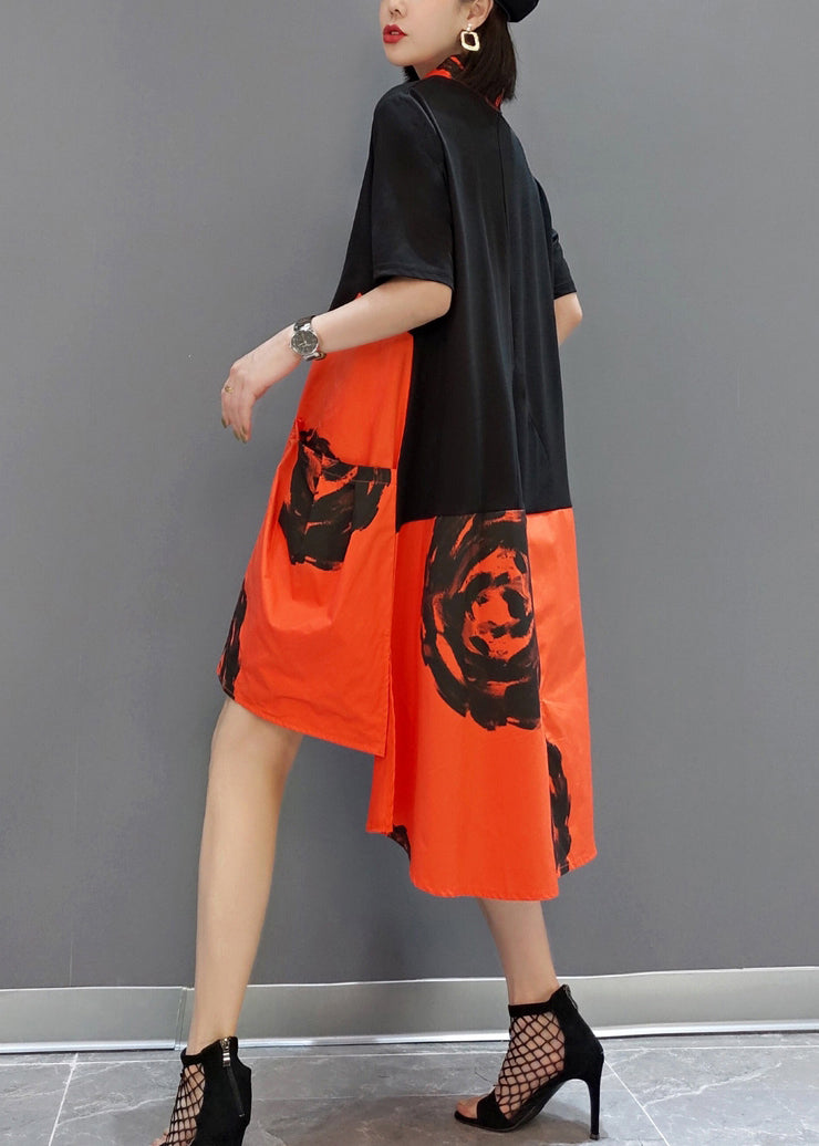 Boutique Orange Peter Pan Collar Patchwork Print Cotton Robe Dresses Short Sleeve LY0553