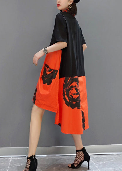 Boutique Orange Peter Pan Collar Patchwork Print Cotton Robe Dresses Short Sleeve LY0553