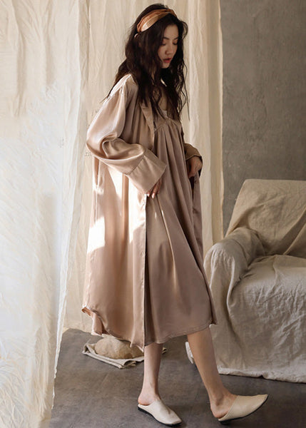 Boutique Pink Patchwork Button Solid Ice Silk Maxi Dress Spring LY1904