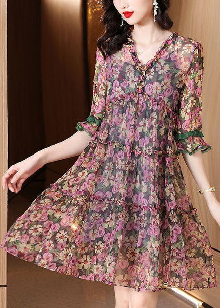 Robe de plage en soie imprimée à volants rose boutique été FR2025