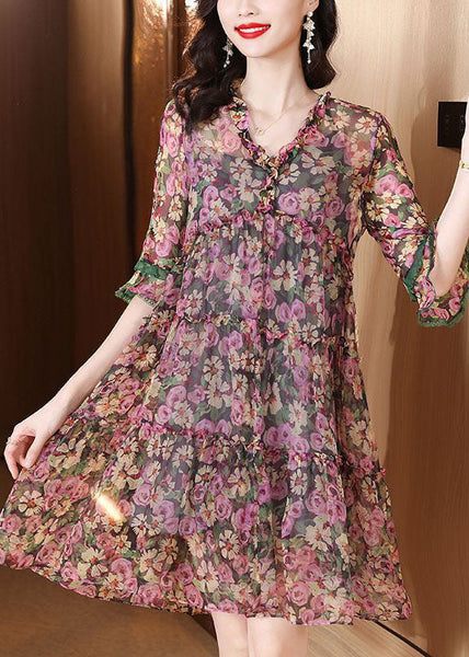 Robe de plage en soie imprimée à volants rose boutique été FR2025