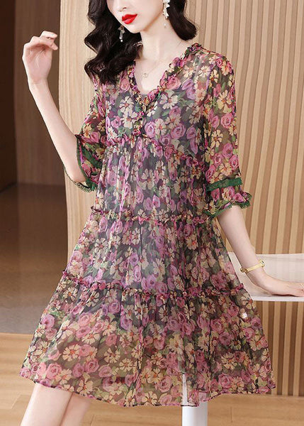 Robe de plage en soie imprimée à volants rose boutique été FR2025