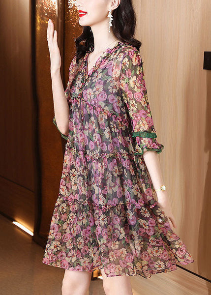 Robe de plage en soie imprimée à volants rose boutique été FR2025