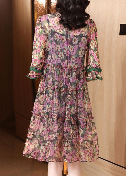 Robe de plage en soie imprimée à volants rose boutique été FR2025