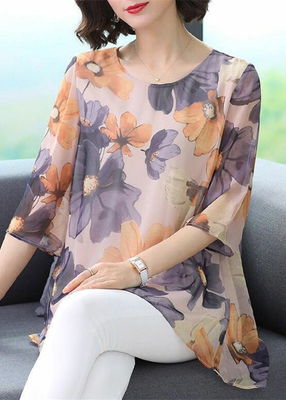 Boutique Purple O Neck Print Patchwork Chiffon T Shirt Top Summer TP1035