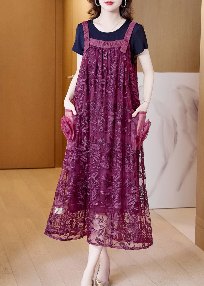 Boutique Purple Slash Neck Embroideried Tulle Slip Long Dress Summer AC2040