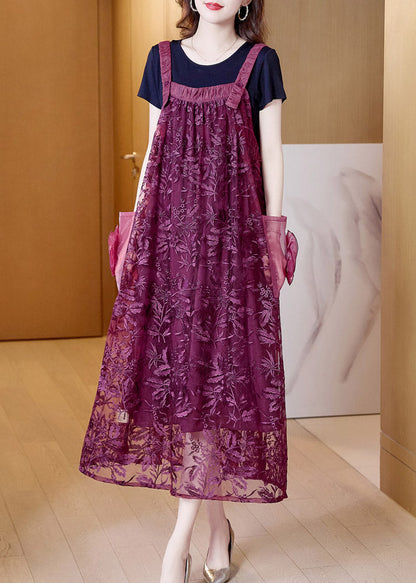 Boutique Purple Slash Neck Embroideried Tulle Slip Long Dress Summer AC2040