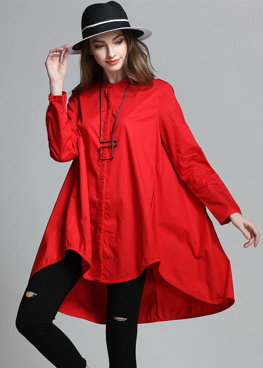 Boutique Red Stand Collar Asymmetrical Cotton Shirt Top Spring LY0003