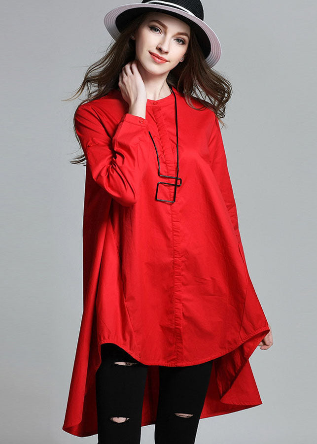 Boutique Red Stand Collar Asymmetrical Cotton Shirt Top Spring LY0003