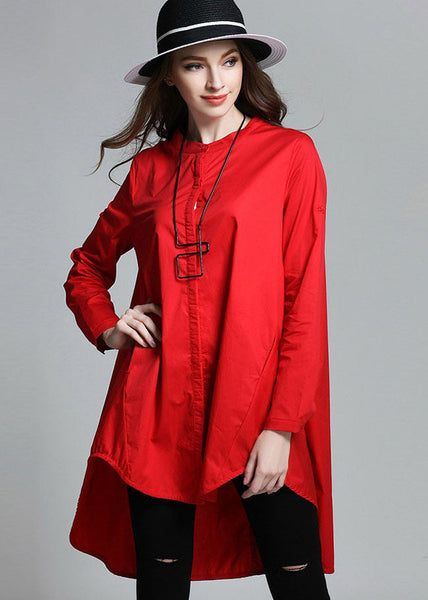 Boutique Red Stand Collar Asymmetrical Cotton Shirt Top Spring LY0003