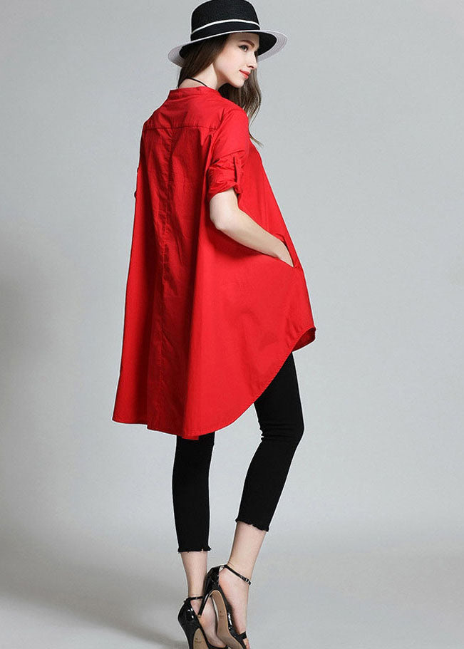 Boutique Red Stand Collar Asymmetrical Cotton Shirt Top Spring LY0003