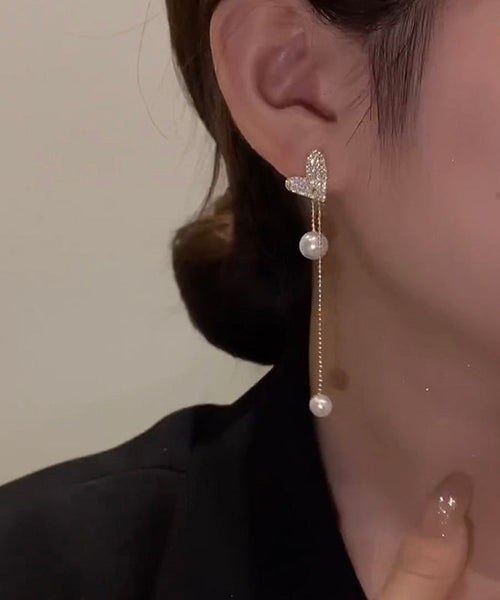 Boutique Sterling Silver Overgild Love Heart Pearl Tassel Drop Earrings LY1788