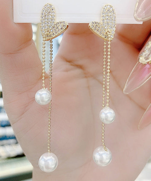 Boutique Sterling Silver Overgild Love Heart Pearl Tassel Drop Earrings LY1788