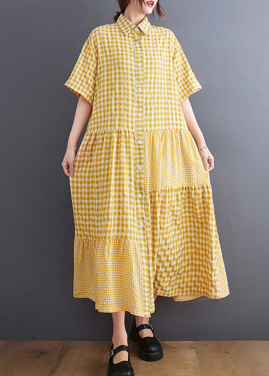 Boutique Yellow Peter Pan Collar Plaid Maxi Dresses Summer LY0650