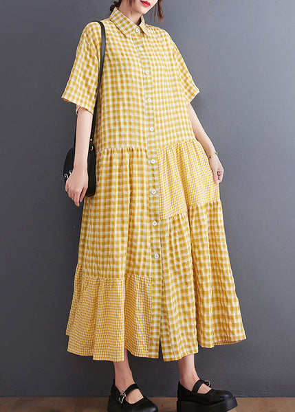 Boutique Yellow Peter Pan Collar Plaid Maxi Dresses  AC2074