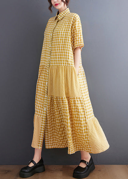 Boutique Yellow Peter Pan Collar Plaid Maxi Dresses  AC2074
