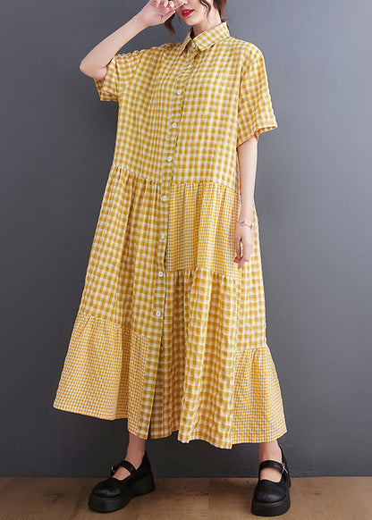 Boutique Yellow Peter Pan Collar Plaid Maxi Dresses Summer LY0650