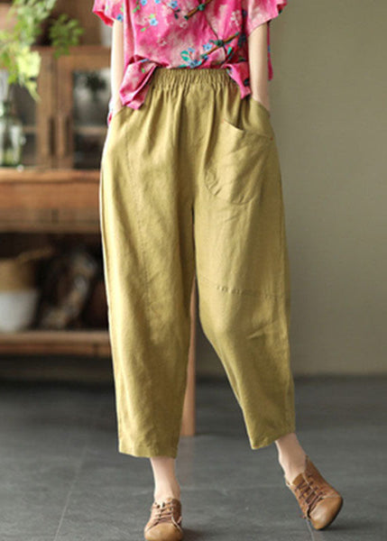 Boutique Yellow Pockets Patchwork Linen Crop Pants Summer LY0585