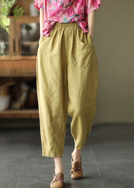 Boutique Yellow Pockets Patchwork Linen Crop Pants Summer LY0585