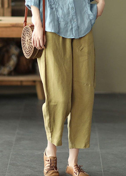 Boutique Yellow Pockets Patchwork Linen Crop Pants Summer LY0585
