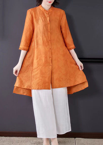 Boutique Yellow Stand Collar Tops And Pants Linen Two Piece Suit Set Spring LC0260