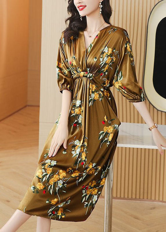 Boutique Yellow V Neck Wrinkled Pockets Print Patchwork Silk Dresses SummerTI1044