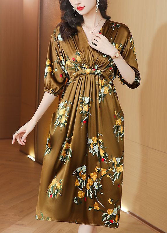 Boutique Yellow V Neck Wrinkled Pockets Print Patchwork Silk Dresses SummerTI1044