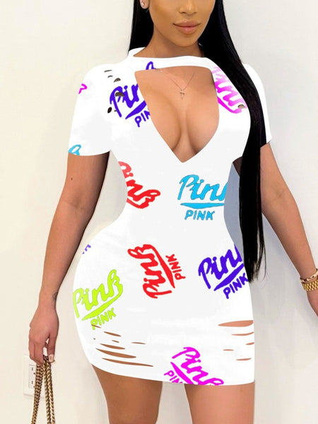 Pink Letter Print Cut Out Ripped Bodycon Dress AR5058