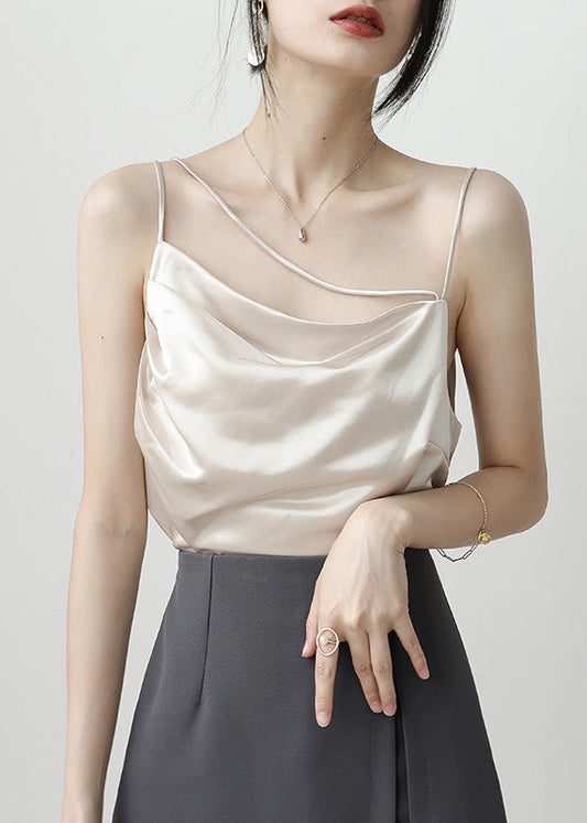 Brief Apricot Slash Neck Solid Satin Top Summer LY0405