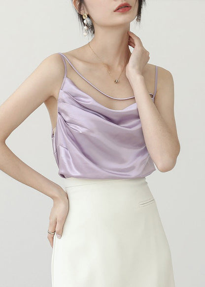 Brief Apricot Slash Neck Solid Satin Top Summer LY0405