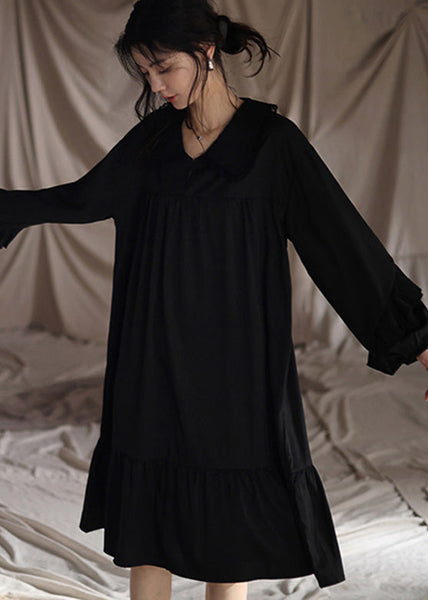 Brief Black Peter Pan Collar Patchwork Ice Silk Maxi Dress Spring LY1899