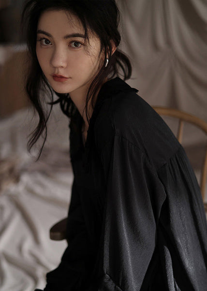 Brief Black Peter Pan Collar Patchwork Ice Silk Maxi Dress Spring LY1899