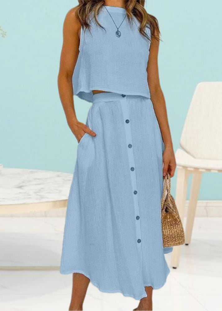 Brief Blue O-Neck Solid Top And Maxi Skirts Two Piece Set Summer LY1941