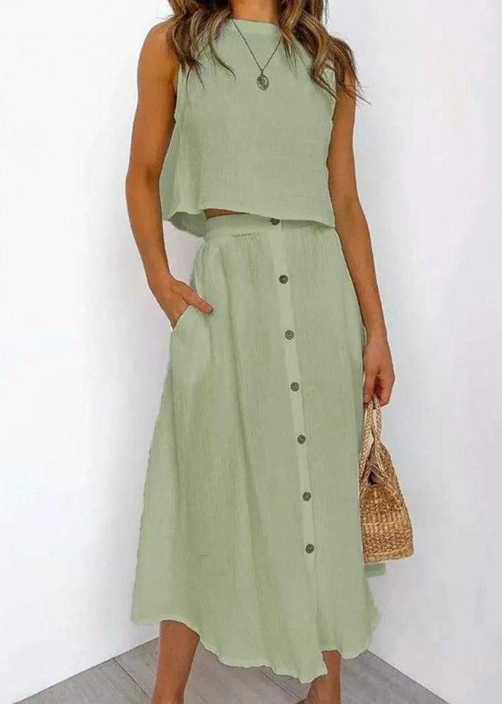 Brief Blue O-Neck Solid Top And Maxi Skirts Two Piece Set Summer LY1941