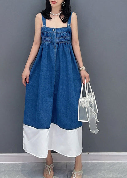 Brief Denim Blue Slash Neck Patchwork Cinched Button Maxi Dress Summer LC0318