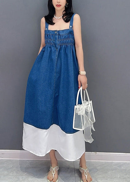 Brief Denim Blue Slash Neck Patchwork Cinched Button Maxi Dress Summer LC0318