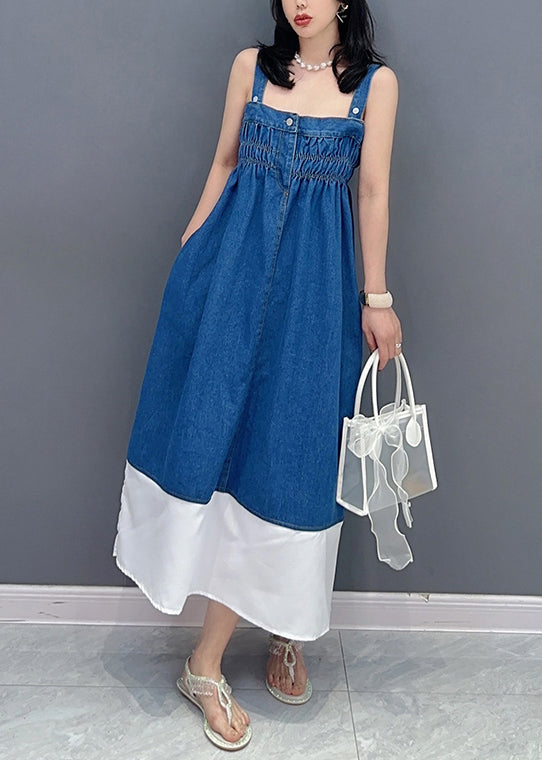 Brief Denim Blue Slash Neck Patchwork Cinched Button Maxi Dress Summer LC0318