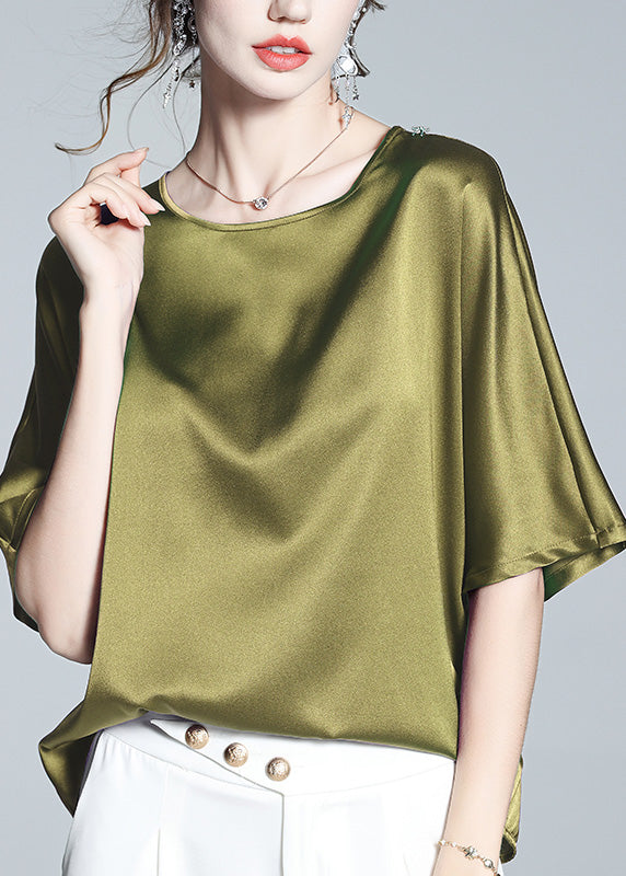 Brief Green O-Neck Solid Silk T Shirt Half Sleeve LY1040