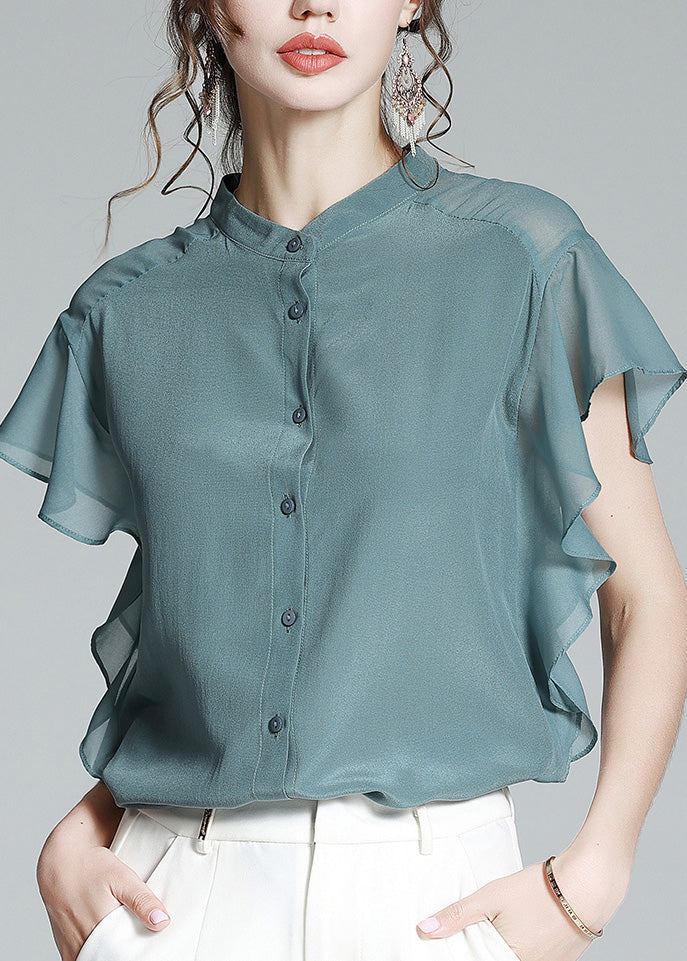 Brief Haze Blue Stand Collar Button Solid Silk Shirt Short Sleeve LY1021