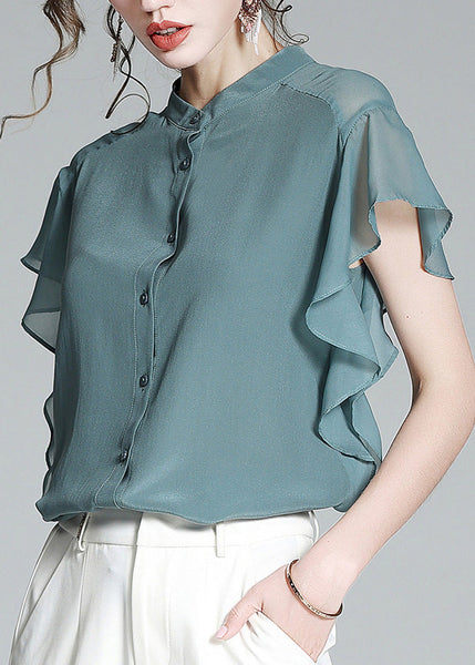 Brief Haze Blue Stand Collar Button Solid Silk Shirt Short Sleeve LY1021
