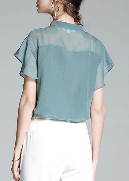 Brief Haze Blue Stand Collar Button Solid Silk Shirt Short Sleeve LY1021